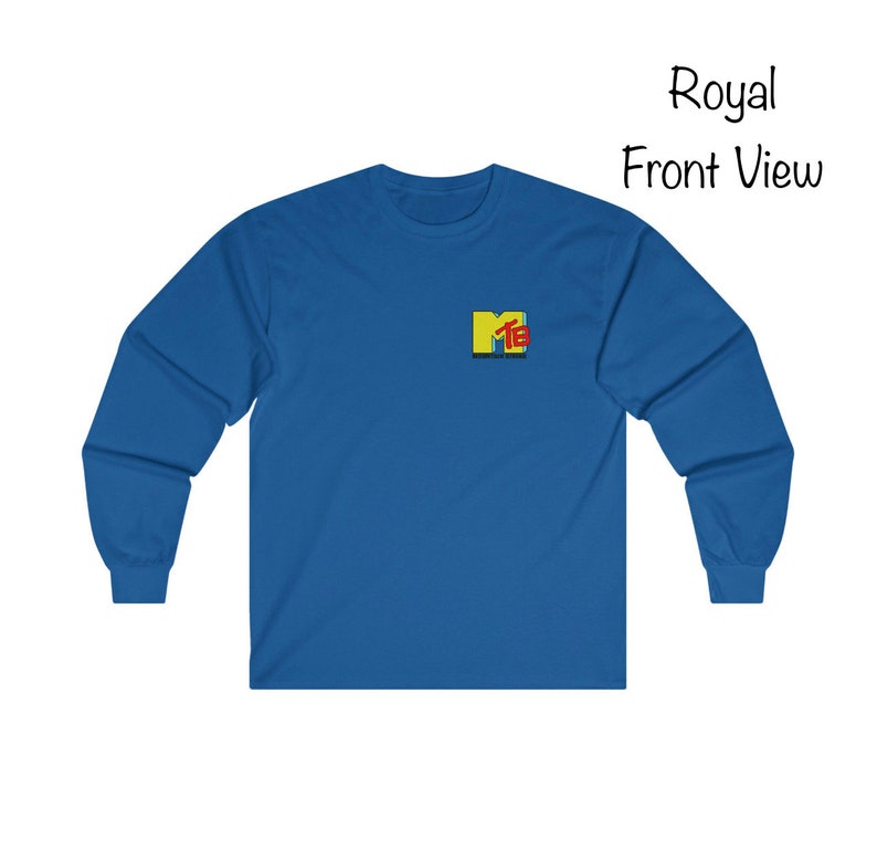 May include: Royal blue long-sleeve t-shirt with a yellow and red MTV logo on the front.