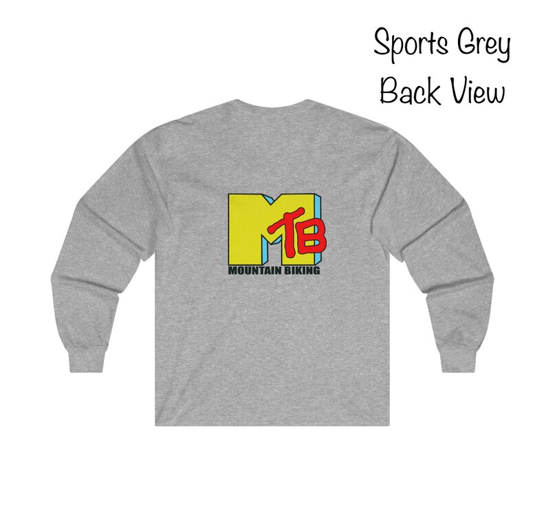 May include: A long-sleeved, sports grey t-shirt with a yellow and blue "MTB" logo and the text "Mountain Biking" printed on the back.