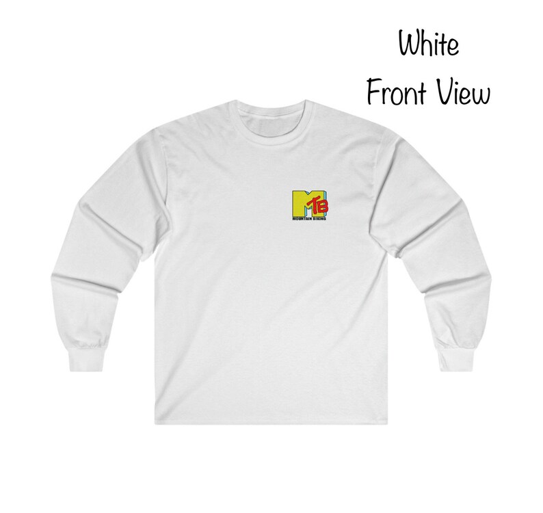 May include: White long-sleeve t-shirt with a yellow and red MTV logo on the front.