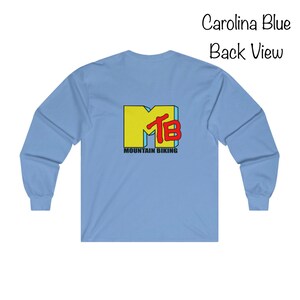 May include: A Carolina blue long-sleeve t-shirt with a yellow and red "MTB" logo that says "Mountain Biking" underneath.