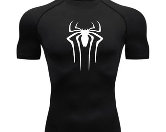 Short-sleeved Spider-Man quick-drying sports T-shirt, running base layer, gym training clothes, men's breathable sweat stretch tights