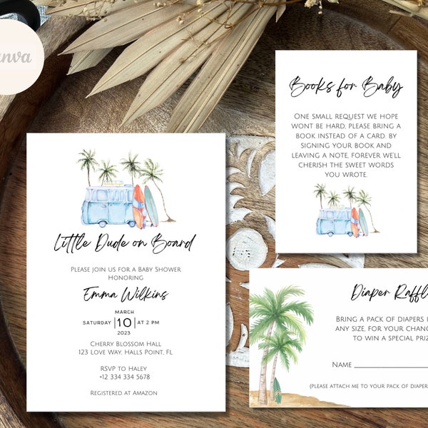 Little dude on Board Baby Shower Invitation, Baby Boy Shower Invite, Surfer Baby Invitation, Canva 5 x 7 DIY Invitation