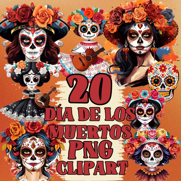 20 Día de Los Muertos Clipart, Transparent PNGs, Instant Download, Mexican Halloween Design Set, Sugar Skulls, Halloween, Day Of The Dead