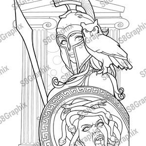 May include: A black and white line drawing of a female warrior wearing a helmet and holding a shield with a Medusa head on it. The warrior is standing in front of a Greek temple.