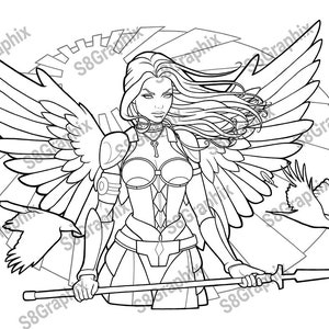 May include: A black and white line drawing of a woman with wings, holding a spear. She is wearing armour and has long flowing hair. The background is a circular design.