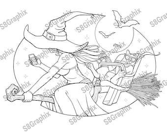 Hand-drawn adult coloring page of a witch and her cat out for a moonlight ride.  Jpg, PDF, printable, digital download.