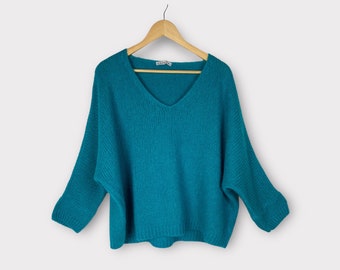 Mohair Wool V Neck Jumper Sweater Aqua Green, Loose Oversized Knitted Boho Knit Top, Winter Cosy Plus Size Gift for Her, Size 12-18 One Size