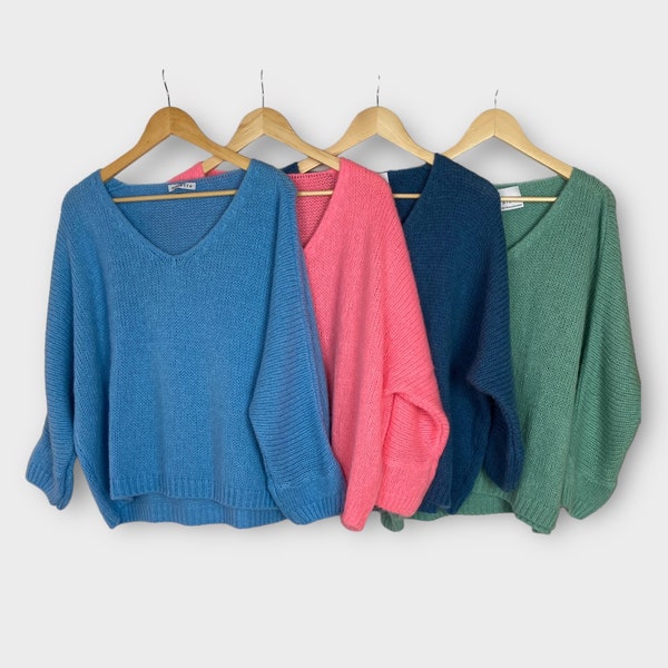 Mohair Wolle V-Ausschnitt Pullover, loses übergroßes Strickoberteil, Winter gemütliches Damen Plus Size Geschenk für Sie, Größe 12-18 One Size