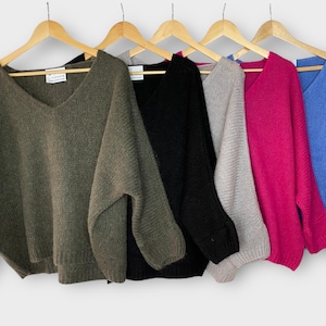 Mohair Wool V Neck Jumper Sweater, Loose Oversized Knitted Boho Knit Top, Winter Cosy Womens Plus Size Gift for Her, Size 12-18 One Size