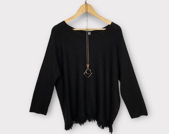 Pull noir en maille à pampilles, avec collier taille 12-20 fabriqué en Italie taille unique bohème d'hiver femme grande taille cadeau bohème pour elle