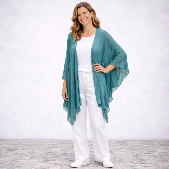 Lightweight Teal Mesh Cardigan | Summer Kimono Jacket for Women | Elegant Draped Cover Up | Boho Cardigan | Relaxed Fit Layer