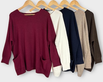 Made In Italy Alpini Knitwear Jumper, Oversized Batwing, Two Pockets Soft Womens Plus Size Sweater Gift for Her, One Size 12-18