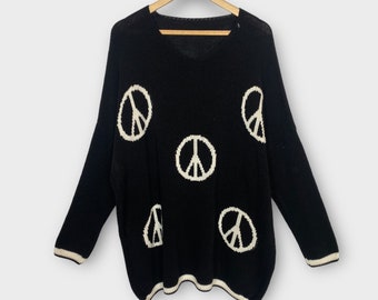 Knitted V Neck Jumper Sweater, Loose Peace Symbol Black and White Knit, Winter Boho Womens Plus Size Boho Gift for Her, Size 14-20 One Size