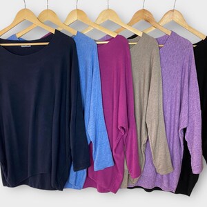 Classic Knitted Fine knit Jumper Sweater Plain Batwing Lightweight, Made in Italy Women Plus Size Boho Top Gift for Her, Size 10-16 One Size