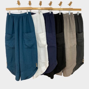 Capri Pants for Women Cotton Linen Plus Size Cargo Pants Capris Elastic  High Waisted 3/4 Slacks with Multi Pockets (Small, Blue)