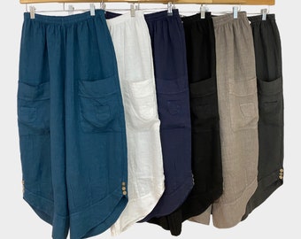 Pantalon court en lin, Pantalon ample à jambe large, Pantalons femme grande taille, Pantalons de vacances d'été 3/4 à taille élastique, Pantalon décontracté