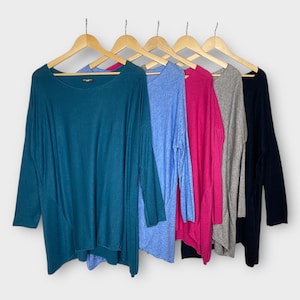 Classic Soft Touch Wool Mix Jumper, Fine Knit Sweater, Plus Size UK 14-20 Knitted Jumper, One Size Loose Long Sleeves Summer Knit Pink Blue