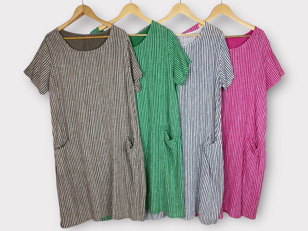 Cotton Summer Dress With Pockets, Boho Short Sleeve Striped Womens