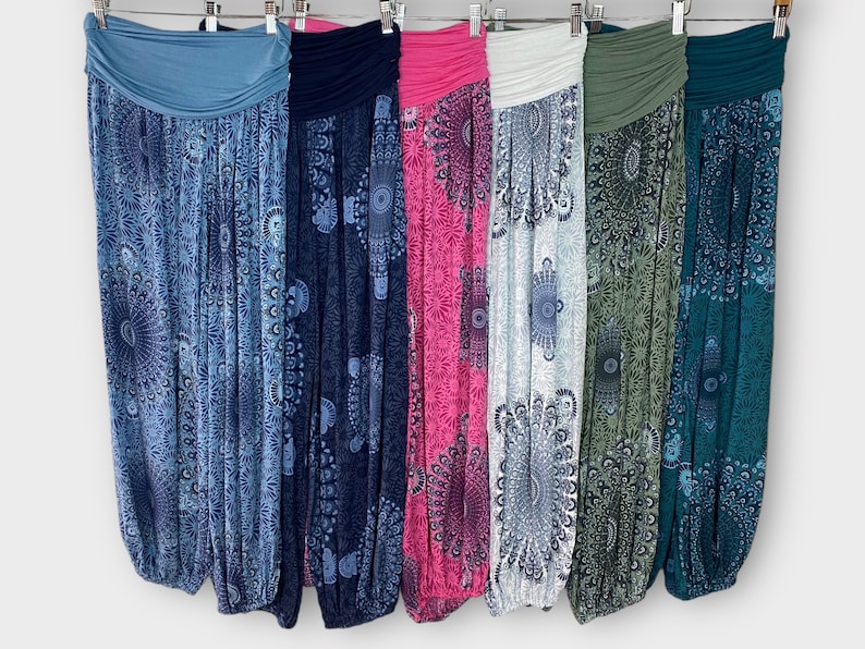 Pantaloni Harem Starburst Mandala leggeri, pantaloni yoga comodi, abbigliamento elastico per il tempo libero in taglia unica, pantaloni Boho, Festival Hippie, Vacanze immagine 1