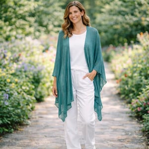 Lightweight Teal Mesh Cardigan | Summer Kimono Jacket for Women | Elegant Draped Cover Up | Boho Cardigan | Relaxed Fit Layer image 2