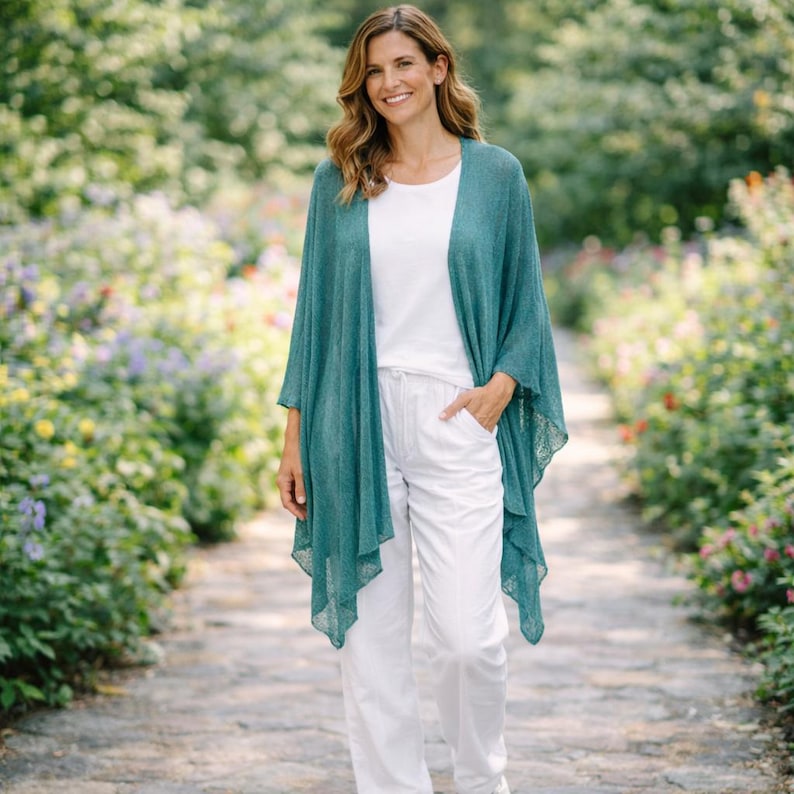 Lightweight Teal Mesh Cardigan | Summer Kimono Jacket for Women | Elegant Draped Cover Up | Boho Cardigan | Relaxed Fit Layer image 2