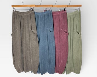 Linen Cotton Barrel Pants, Wide Leg Harem Pants Loose Plus Size Womens Trousers, Summer Holiday Vacation Wear, Pockets Elastic Waistband