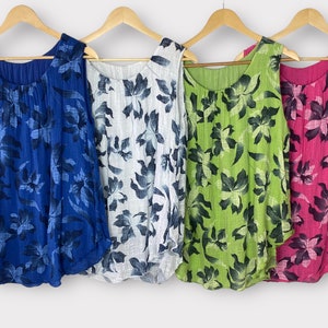 Sleeveless Summer Tank Top, Womens Stretchy Floral Crinkle Blouse Holidays Vacation Beach Size 12-18 One Size Boho Festival Made in Italy