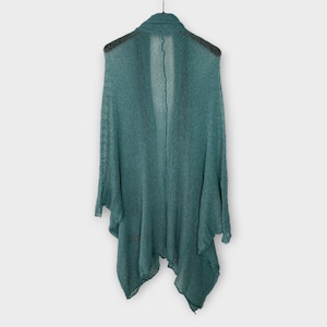 May include: A teal open-front cardigan hangs on a black hanger against a white background. The lightweight knitwear features a draped design with a shawl collar and long sleeves. The fabric appears to be semi-sheer.