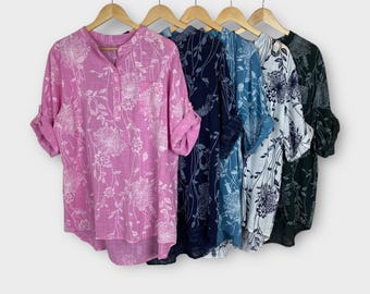 Grandad Collar Tunic Top,  Boho Blouse, 3/4 Length Sleeve Shirt Tab Tie Back Sleeves Size 14 16 18, One Size Made in Italy Holiday Vacation
