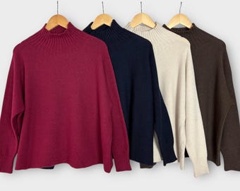 Soft Knit Turtleneck Jumper, Made in Italy Alpini Knitwear High Funnel Neck Luxury Oversized Cosy Warm Sweater, Plus Size One Size UK 12-18