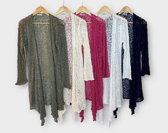 Waterfall Crochet Cardigan Jacket Open Knit Long, Festival Sweater, Holiday Beach Top, Plus Size Knitted , One Size 8-18 Boho Long Sleeve