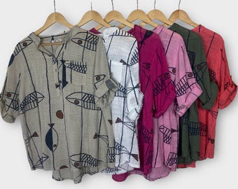 Fish Design Tunic Top,  Boho Blouse, 3/4 Length Sleeve Tab Tieback Shirt Loose Size 14 16 18  One Size Made in Italy Holiday Vacation