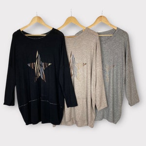 Foil Star Jumper Sweater, Loose Oversized Lightweight Size 14-20 One Size Relaxed Boho Longline Winter Cosy Womens Plus Size Gift for Her,