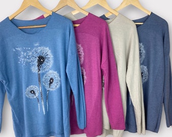 Wool Mix Jumper Sweater, Blue Pink Dandelion Long Sleeve Cosy Made in Italy Plus Size One Size 10-16 Gift For Her Boho Cosy Winter Womens