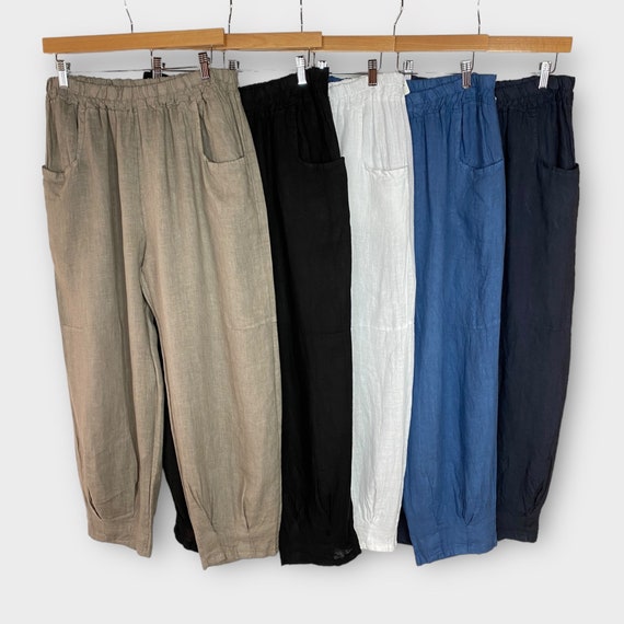 Linen Balloon Pants, Wide Leg Full Length Loose Plus Size Linen Balloon Pants, Wide Leg Full Length Loose Plus Size