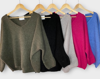 Mohair Wool V Neck Jumper Sweater, Loose Oversized Knitted Boho Knit Top, Winter Cosy Womens Plus Size Gift for Her, Size 12-18 One Size