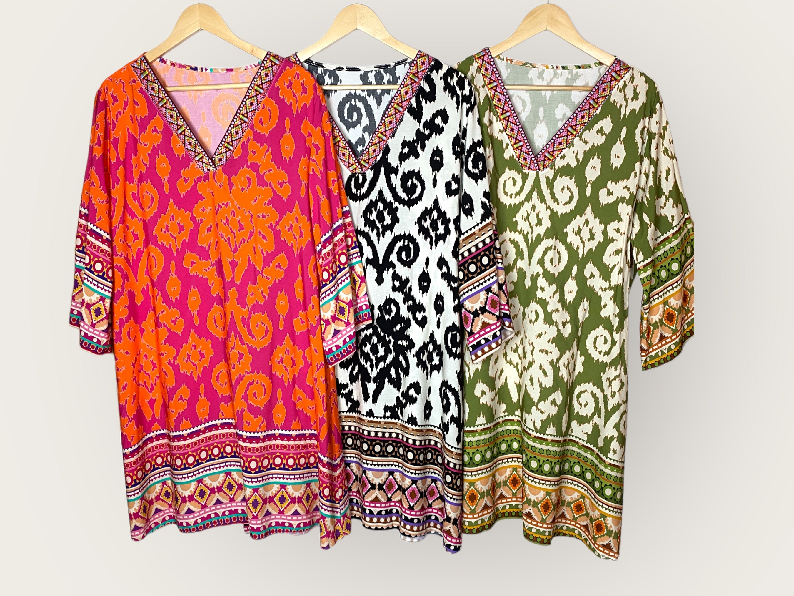 Floaty Summer Dress Shift Tribal Print V Neckline, Boho Short Sleeves Womens Dress One Size 10 12 14 16 Holiday Beach Wear Made in Italy