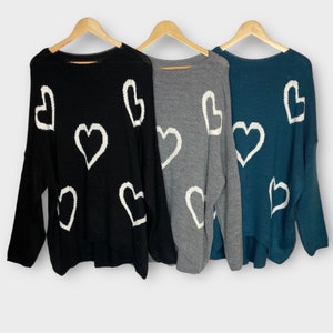 Knitted V Neck Jumper Sweater, Loose Love Symbol Black Grey & Teal Knit, Winter Boho Womens Plus Size Boho Gift for Her, Size 14-20 One Size