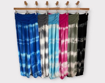 Lightweight Tie Dye Harem Pants,  Comfortable Yoga Trousers, Stretchy One Size Leisure Wear, Boho Pants, Hippie Festival Baggy Wear, Holiday