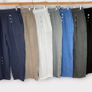 Linen Cropped Pants, Wide Leg Loose Pants, Plus Size Womens Trousers, Summer Holiday 3/4 Length Elastic Waist Pants, Casual Trousers