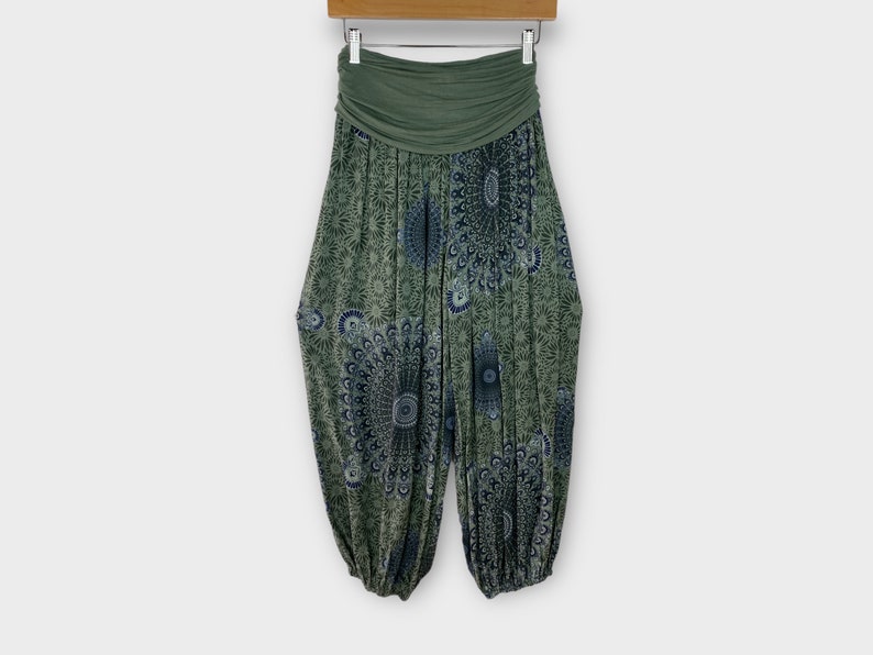 Pantaloni Harem Starburst Mandala leggeri, pantaloni yoga comodi, abbigliamento elastico per il tempo libero in taglia unica, pantaloni Boho, Festival Hippie, Vacanze Khaki Green