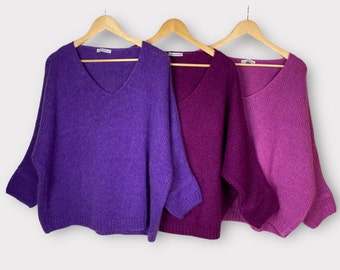 Pullover aus Mohair-Wolle mit V-Ausschnitt, lockeres, übergroßes gestricktes Boho-Strickoberteil, gemütliches Winter-Damen-Plus-Size-Geschenk für Sie, Größe 12–18, Einheitsgröße