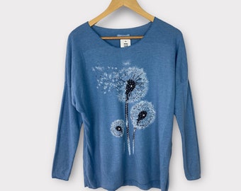 Wool Mix Jumper Sweater, Blue Dandelion Long Sleeve Cosy Made in Italy Plus Size One Size 10-16 Gift For Her Boho Cosy Winter Womens
