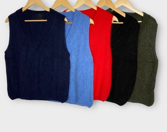 Mohair Wool V Neck Tank Top Waistcoat Jumper Sleeveless Sweater, Loose Oversized Knitted Cosy Plus Size Gift for Her, Size 12-18 One Size