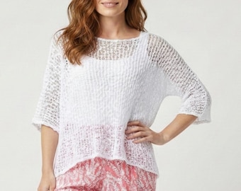Top cropped branco de crochê, casaquinho de tricô aberto, suéter para festivais, suéter de tricô plus size, tamanho único, modelagem boho solta