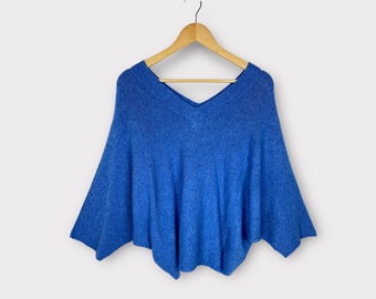 Maglione lavorato a maglia con scollo a V, maniche lunghe a pipistrello blu ritagliate, accogliente regalo Boho da donna taglie forti invernali per lei, taglia 10 - 16 Taglia unica