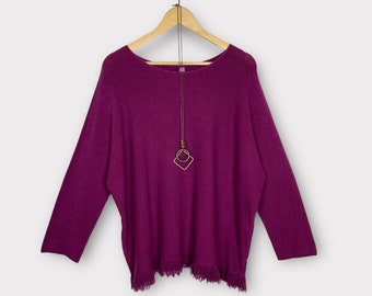 Purple Tassel Knitted Jumper Sweater, With Necklace Size 12-20 Made in Italy One Size Winter Boho Womens Plus Size Boho Gift for Her