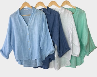 Ladies Italian Linen Blouse | 100% Linen Top | Made in Italy | Relaxed Fit | 5 Colours | UK 12 14 16