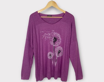 Wool Mix Jumper Sweater, Purple Dandelion Long Sleeve Cosy Made in Italy Plus Size One Size 10-16 Gift For Her Boho Cosy Winter Womens