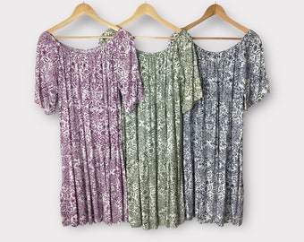 Off Shoulder Dress, Boho Festival Short Sleeve Floral Dress Plus Size 12 14 16 18 Holiday Beach Wear White Dress Made in Italy